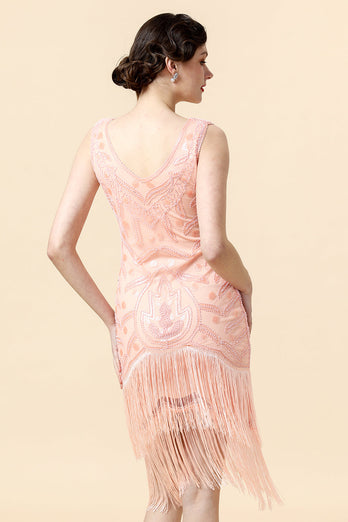Beaded Pink Fringed Flapper Dress med 1920-tallet Tilbehør Set