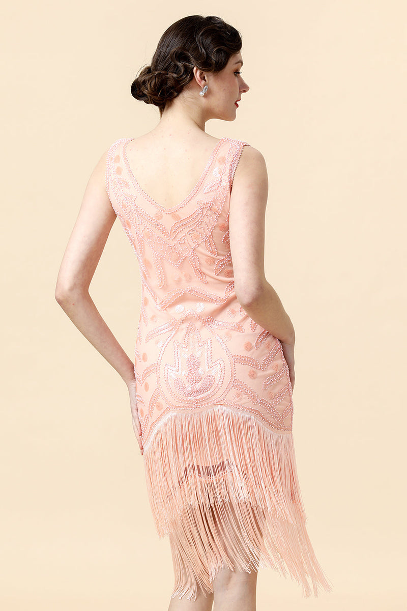 Load image into Gallery viewer, Beaded Pink Fringed Flapper Dress med 1920-tallet Tilbehør Set