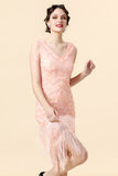 Beaded Pink Fringed Flapper Dress med 1920-tallet Tilbehør Set