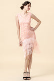 Beaded Pink Fringed Flapper Dress med 1920-tallet Tilbehør Set