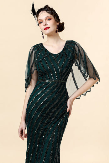 Beaded Glitter Green Flapper kjole med 1920-tallet tilbehør sett