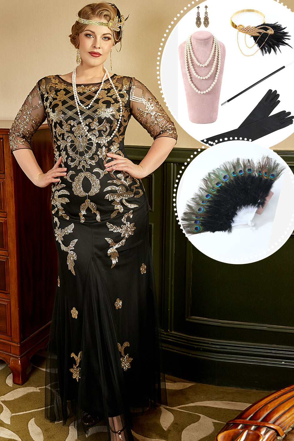 Svart og gylden pluss størrelse 1920-tallet Gatsby kjole med 20s Acessories Set