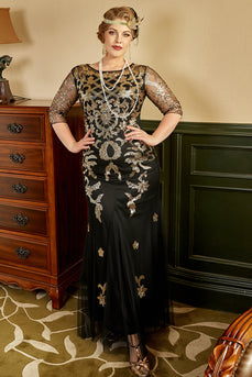 Svart og gylden pluss størrelse 1920-tallet Gatsby kjole med 20s Acessories Set