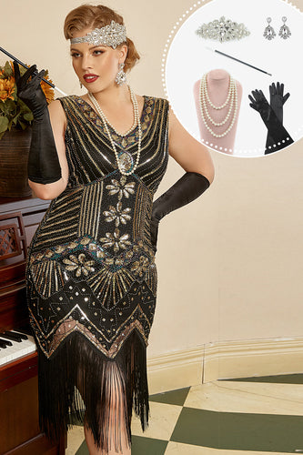 Svart gylden paljetter pluss størrelse 1920-tallet Gatsby kjole med 20s Acessories Set