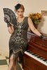 Load image into Gallery viewer, Svart gylden paljetter pluss størrelse 1920-tallet Gatsby kjole med 20s Acessories Set