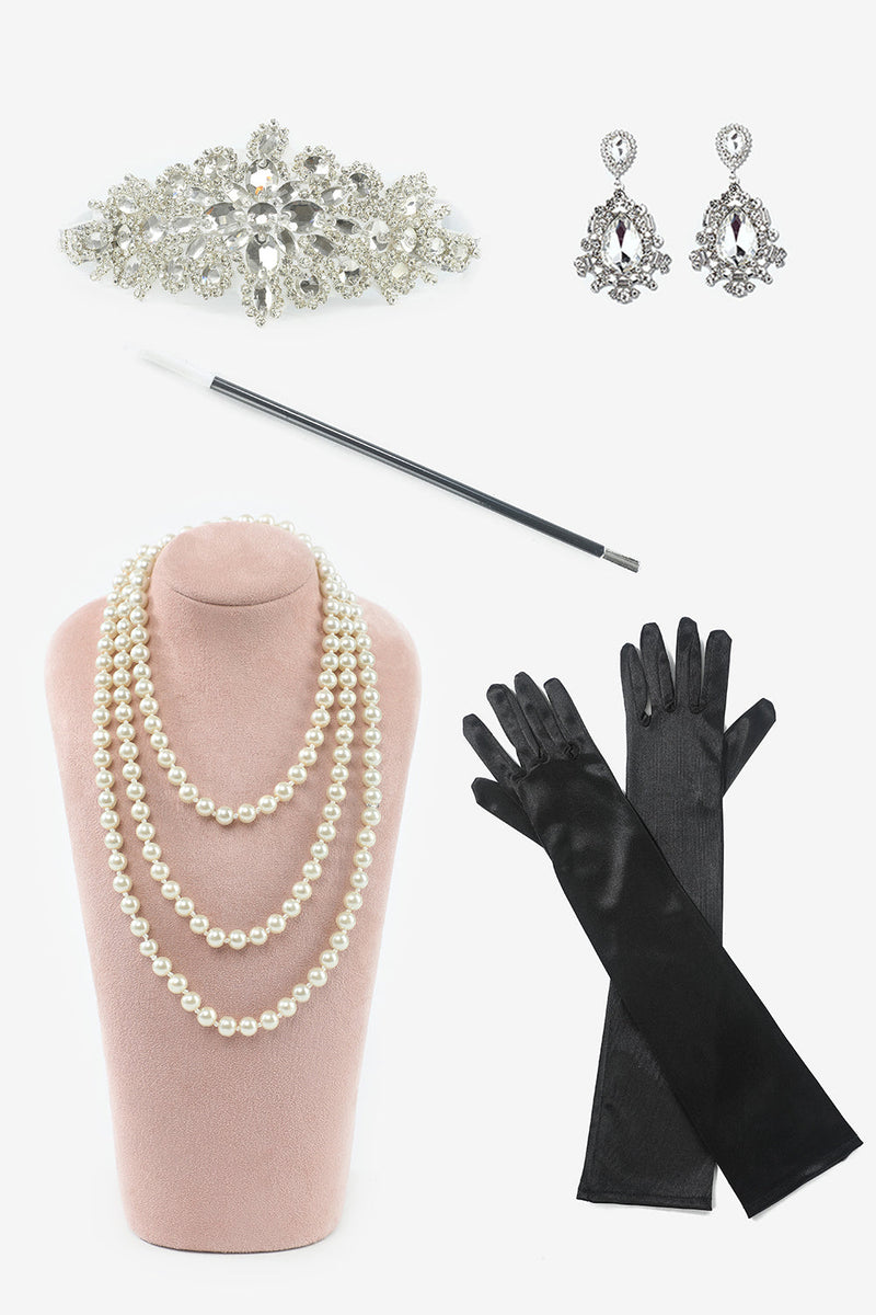 Load image into Gallery viewer, Svart gylden paljetter pluss størrelse 1920-tallet Gatsby kjole med 20s Acessories Set