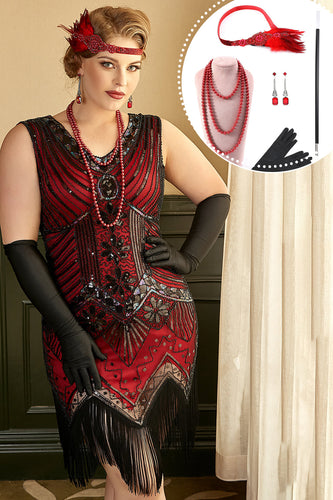 Rød pluss størrelse 1920-tallet Gatsby kjole med 20s Acessories Set