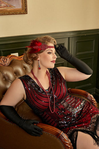 Rød pluss størrelse 1920-tallet Gatsby kjole med 20s Acessories Set