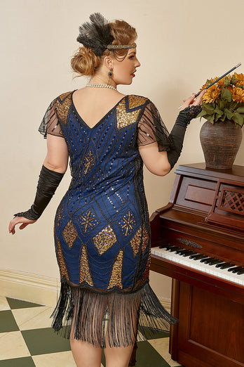 Royal Blue Plus Size 1920-tallet Gatsby kjole med 20s Acessories Set