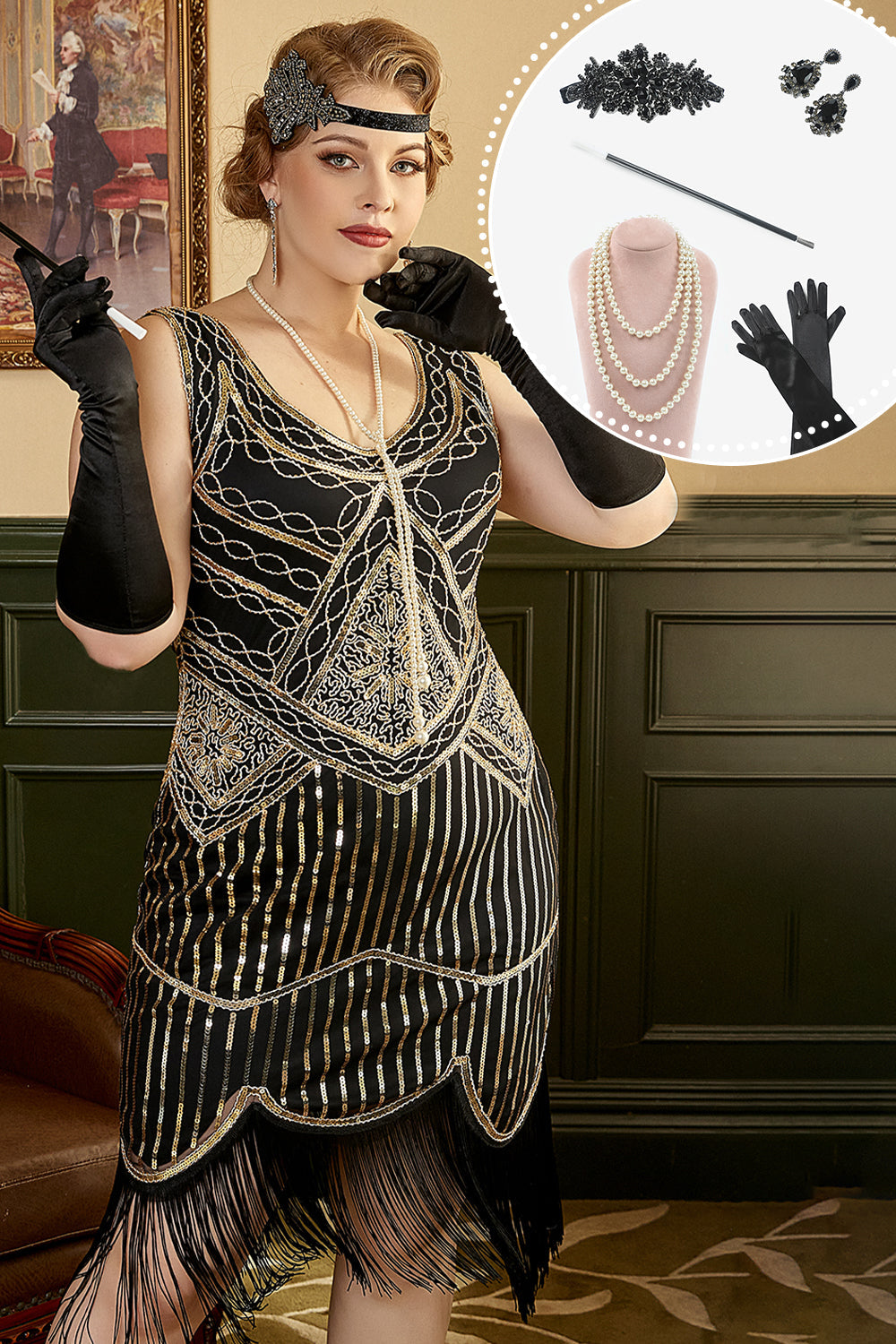 Svart gylden 1920-tallet Plus Size kjole med 20s tilbehør sett