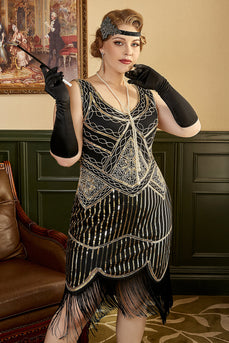 Svart gylden 1920-tallet Plus Size kjole med 20s tilbehør sett