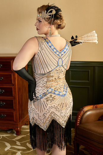 Aprikos paljetter 1920 Plus Size kjole med 20s Acessories Set