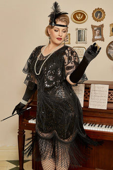 Svarte paljetter 1920-tallet Flapper Plus Size kjole med 20s tilbehør sett
