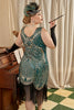 Load image into Gallery viewer, Gylden og grønn 1920-tallet Plus Size kjole med 20s tilbehør sett