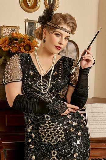 Svarte paljetter 1920-tallet Flapper Plus Size kjole med 20s tilbehør sett