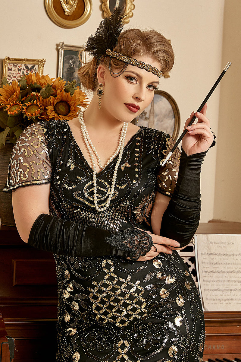 Load image into Gallery viewer, Svarte paljetter 1920-tallet Flapper Plus Size kjole med 20s tilbehør sett