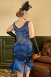 Royal Blue Sequined 1920-tallet Plus Size Gatsby kjole med 20s tilbehør sett