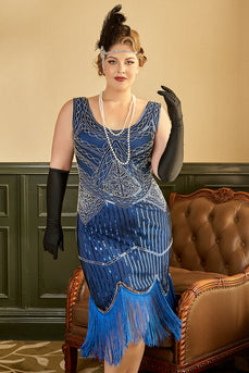 Royal Blue Sequined 1920-tallet Plus Size Gatsby kjole med 20s tilbehør sett