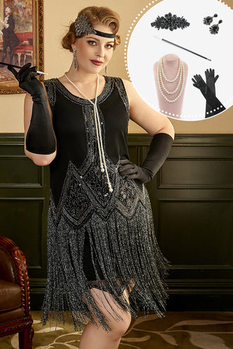 Svarte frynser 1920-tallet Plus Size Gatsby kjole med 20s tilbehør sett