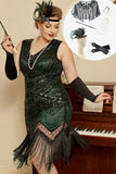 Dark Green Sequined 1920s Plus Size Flapper kjole med 20s tilbehør Set