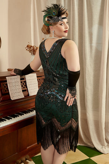 Dark Green Sequined 1920s Plus Size Flapper kjole med 20s tilbehør Set