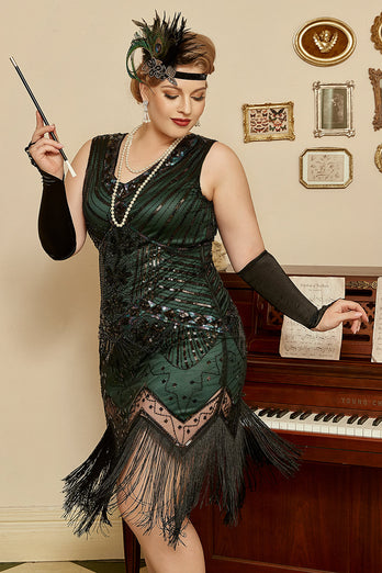 Dark Green Sequined 1920s Plus Size Flapper kjole med 20s tilbehør Set