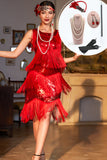 Sparkly Red Sequined Fringed 1920 -tallet Gatsby kjole med 20-talls tilbehør