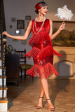 Sparkly Red Sequined Fringed 1920 -tallet Gatsby kjole med 20-talls tilbehør