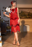 Sparkly Red Sequined Fringed 1920 -tallet Gatsby kjole med 20-talls tilbehør