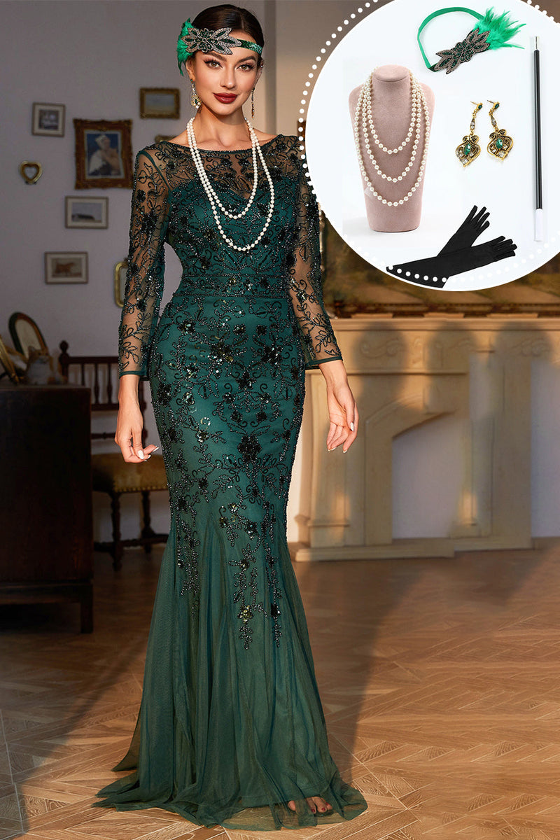 Load image into Gallery viewer, Sparkly Dark Green Sequined Long 1920 Flapper Dress med 20s tilbehør