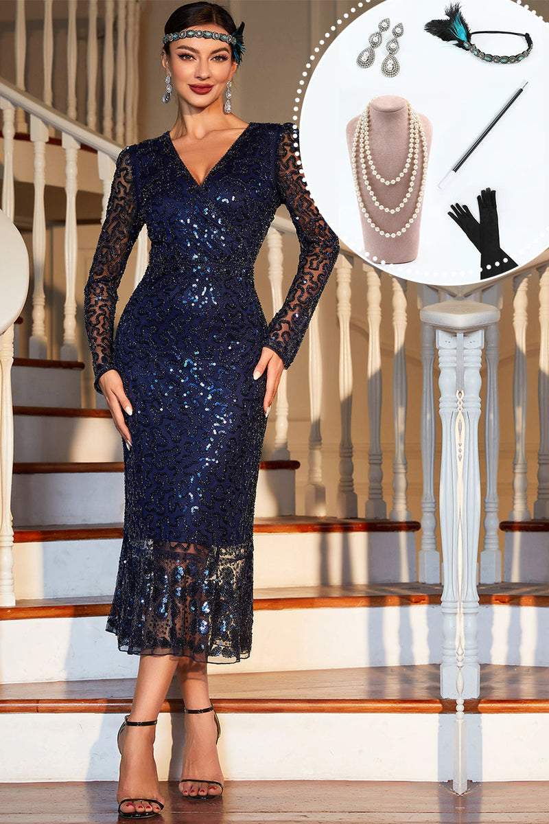 Load image into Gallery viewer, Navy lange ermer Sequined 1920 Gatsby kjole med Acessories Set