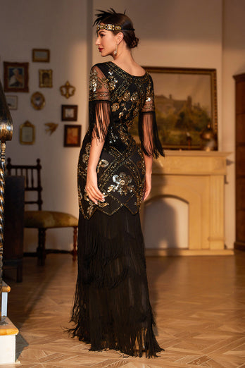 Black Sequined Fringed Long 1920 -tallet Gatsby kjole med tilbehør sett