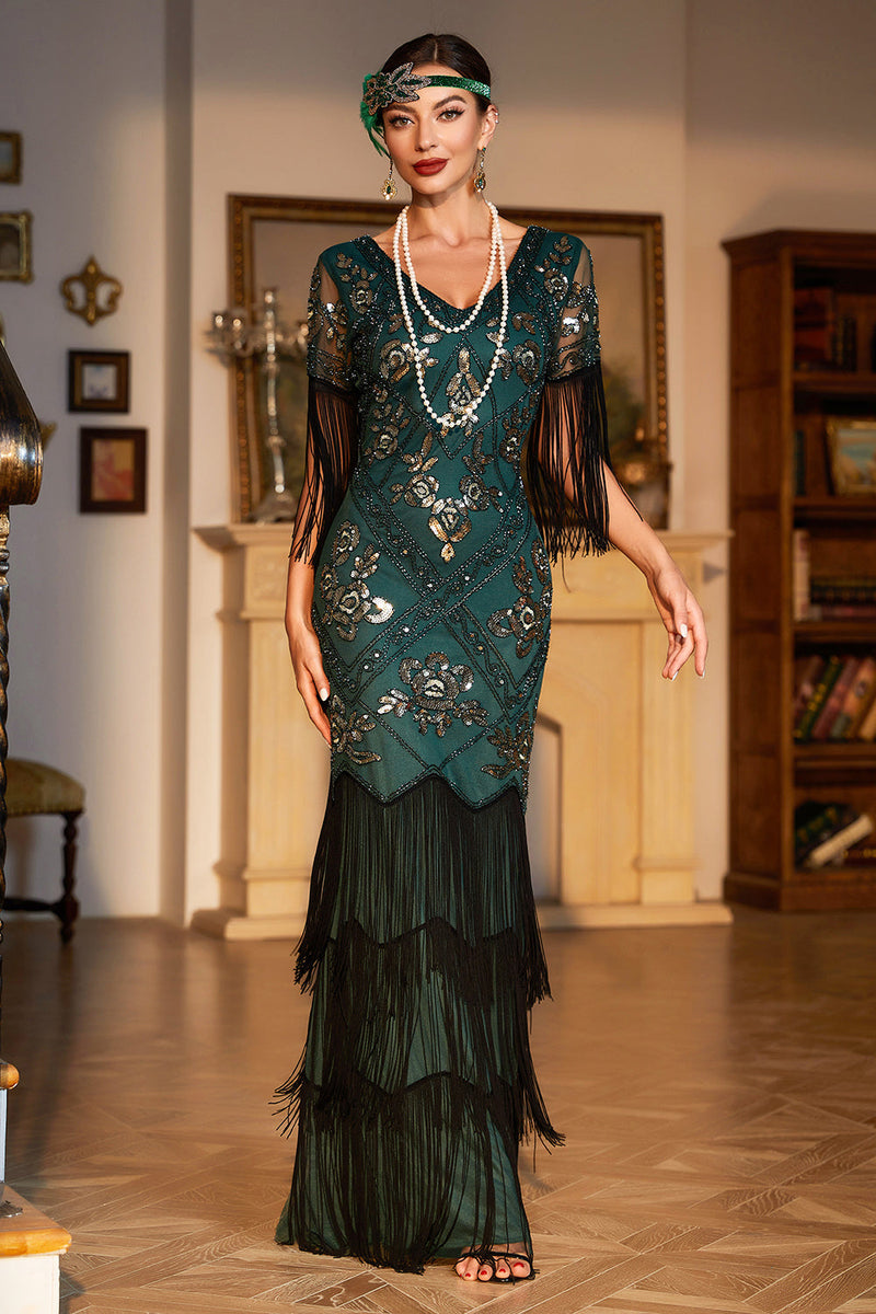 Load image into Gallery viewer, Mørkegrønn paljett frynset lang 1920-talls Gatsby-kjole med tilbehørssett