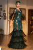 Load image into Gallery viewer, Mørkegrønn paljett frynset lang 1920-talls Gatsby-kjole med tilbehørssett