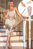 Champagne Sequined Fringed 1920 -tallet Gatsby kjole med tilbehør sett