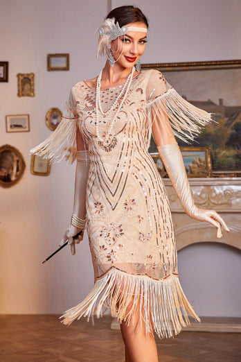 Sparkly Champagne Sequins Fringed 1920-tallet kjole med tilbehør sett