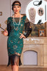 Load image into Gallery viewer, Sparkly Dark Green Cap Ermer Paljetter Fringed 1920-tallet kjole med tilbehør sett