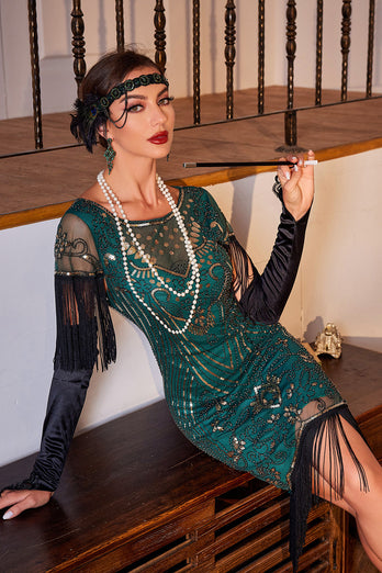 Sparkly Dark Green Cap Ermer Paljetter Fringed 1920-tallet kjole med tilbehør sett