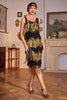 Load image into Gallery viewer, Glitrende svart og gylden paljetter frynset kjole fra 1920-tallet med tilbehørssett