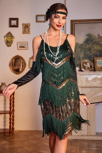 Sparkly Green og Golden Spaghetti stropper paljetter Fringed 1920-tallet kjole med tilbehør sett