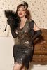Load image into Gallery viewer, Black Golden Fringed Sequins 1920-tallet kjole med tilbehør sett