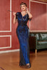 Load image into Gallery viewer, Mørk blå Long Fringed Sequins 1920-tallet kjole med tilbehør sett
