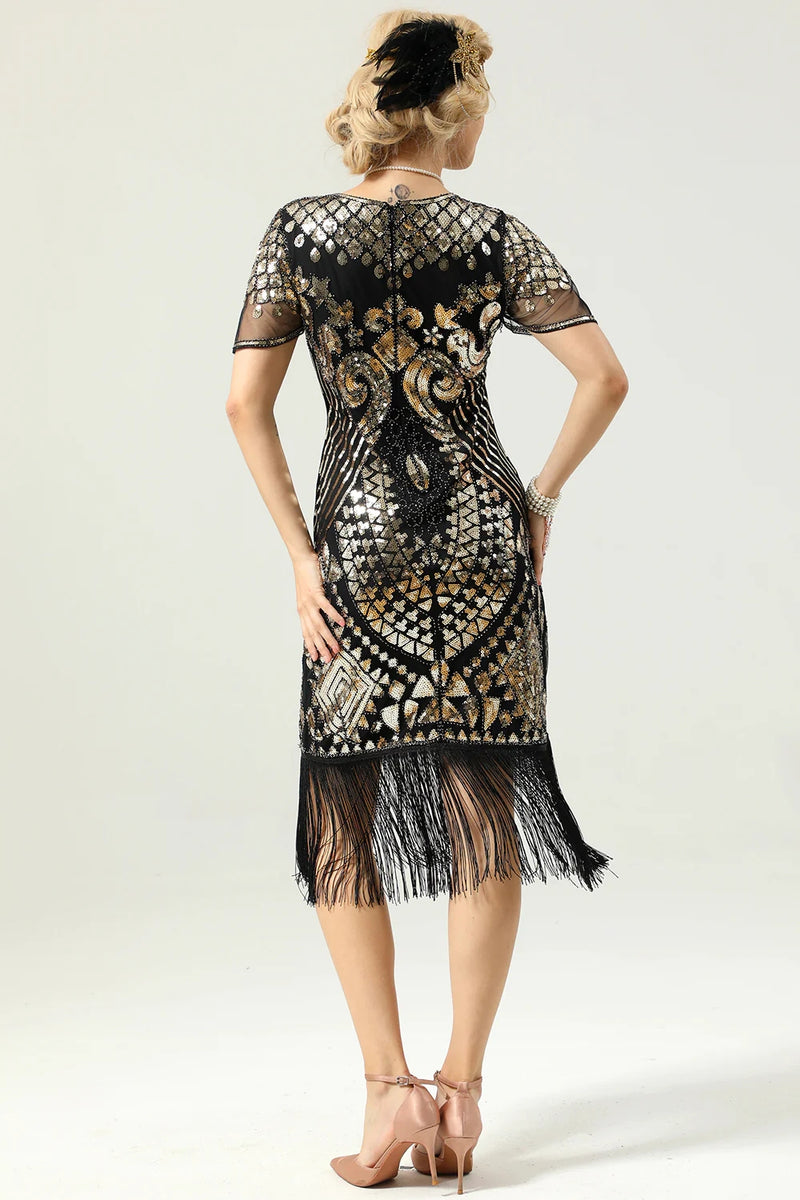 Load image into Gallery viewer, Svarte paljetter frynset hette ermer 1920-tallet kjole med tilbehør sett