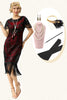 Load image into Gallery viewer, Svart rød paljetter frynsete hette ermer 1920-tallet kjole med tilbehør sett