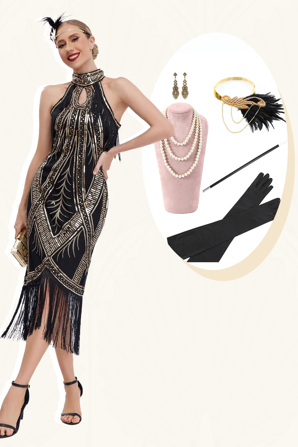 Sparkly Black Golden Sequins Fringed 1920-tallet kjole med tilbehør sett