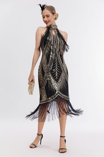 Sparkly Black Golden Sequins Fringed 1920-tallet kjole med tilbehør sett