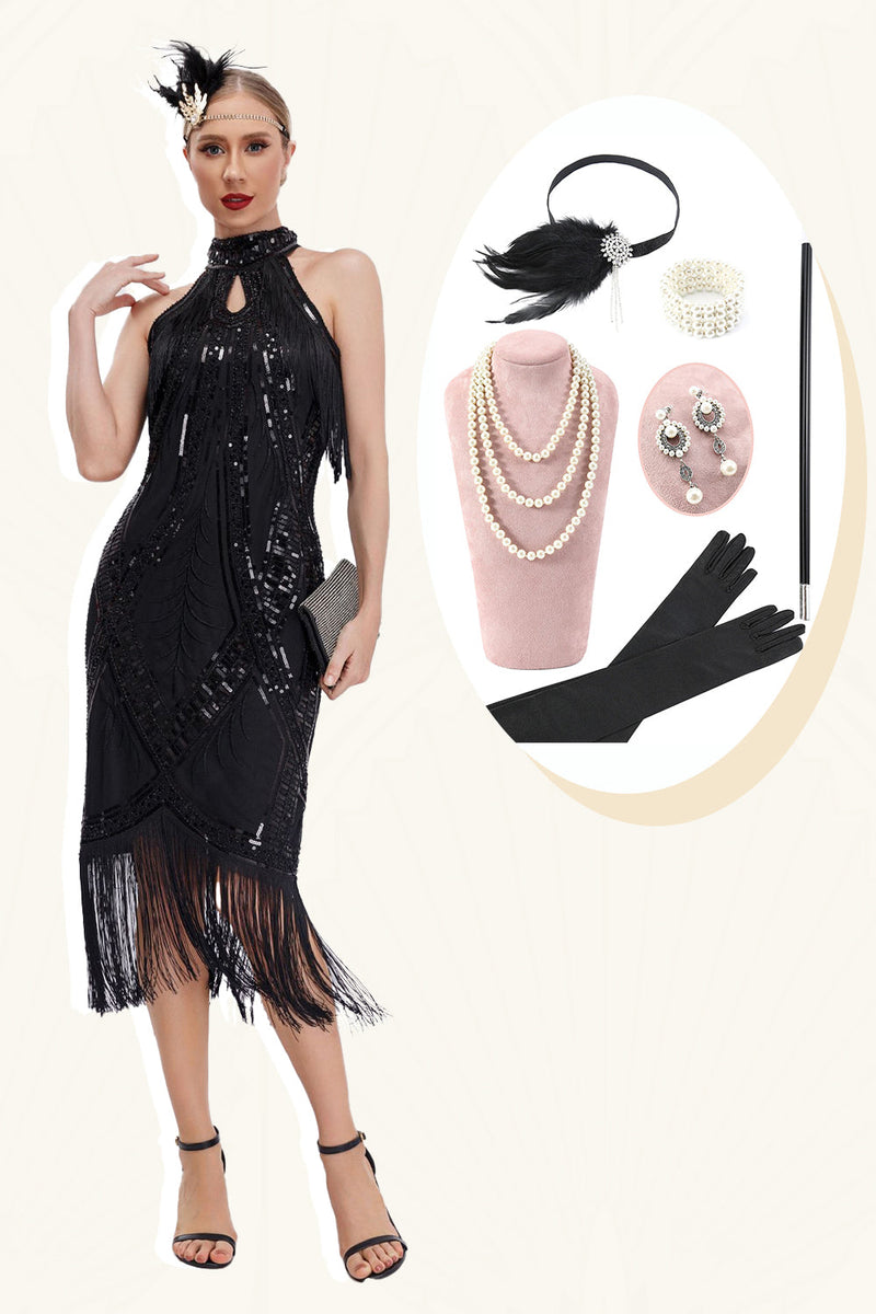 Load image into Gallery viewer, Sparkly Black Round Neck Sequins Fringed 1920-tallet kjole med tilbehør sett