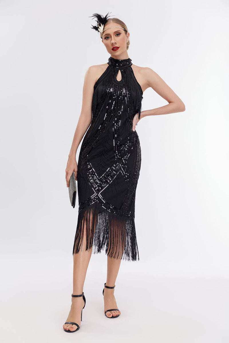 Load image into Gallery viewer, Sparkly Black Round Neck Sequins Fringed 1920-tallet kjole med tilbehør sett