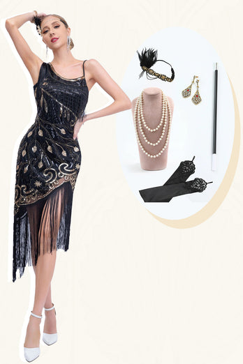 Sparkly Black Asymmetrical Sequins Fringed 1920-tallet kjole med tilbehør sett