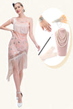 Sparkly Blush Asymmetrical Sequins Fringed 1920-tallet kjole med tilbehør sett